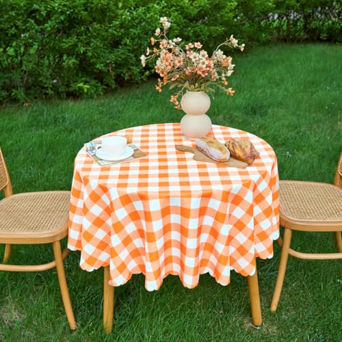 MANGATA CASA Orange Gingham Round Tablecloth-Checkered Table Cloth Waterproof Kitchen & Table Linens-Polyester Buffalo Plaid Wrinkle Free Table Cover(Pumpkin Yellow 60R inch)