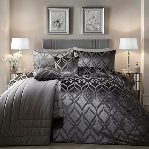 SOIREE Lindly Slate Grey Velvet Duvet Cover – King Size 230x220cm – 2 Pillowcases – Soft Touch – Jacquard Ogee Pattern – Glamorous Luxury Bedding Set