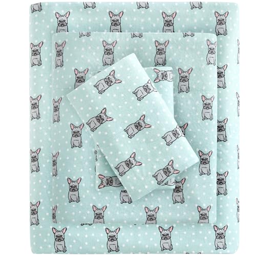 SLEEP PHILOSOPHY True North by Cozy Flannel 100% Cotton Ultra Soft Cold Weather Sheet Set Bedding, Full, Aqua French Bulldog 4 Piece