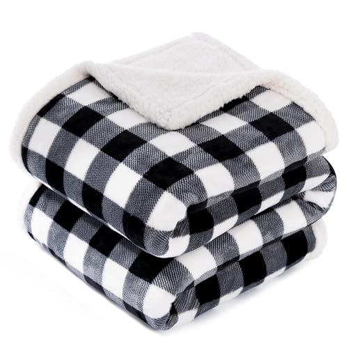"BEAUTEX Sherpa Fleece Flannel Throw Blanket, Super Soft Warm Buffalo Plaid Plush Blankets and Throws, Lightweight Cozy Fuzzy Blanket for Couch Sofa Bed (Black, Throw 50"" x 60"")"
