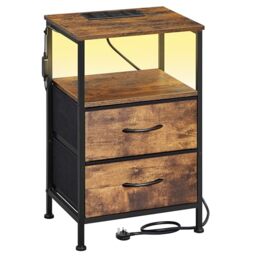 SONGMICS Bedside Table with Charging Station, Side End Table with App-Controlled Adjustable LED Lights, Modern basic, 1 Shelf, 2 Drawers, Rustic Brown and Ink Black BELLAH Collection LGS302KD03