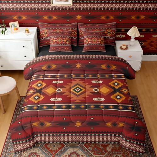 Erosebridal Black Red Aztec Geometric Bohemian King 7-Piece Comforter Set - Tribal Cowboy Adults Sheets and Pillowcases Cowgirl Farmhouse Bed in A Bag Southwestern Bed Sets