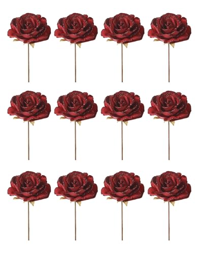 Set of 12 Red Artificial Glitter Roses, 13 cm with 20 cm Stem
