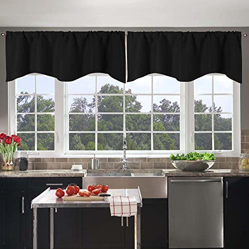 Ladity 2 Pieces Valances for Window Blackout Valance Curtains Primitive Scalloped Kitchen Valance Rod Pocket Window Toppers for Living Room Bedroom, 52x18 Inch Length Black Farmhouse Valances