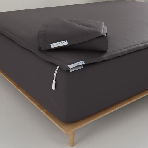 QuickZip Fitted Plus Spare Bundle: 1 Fitted Sheet (Base + Zip Sheet) & 1 Zip Sheet - Easy to Change, Won???t Pop Off - Soft Percale 400 TC 100% Cotton - 16??? Deep Pockets Queen Size Sheets ??? Charcoal