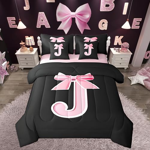 jejeloiu Kids Girls Black Pink Bow Comforter Set with Sheets Queen Size Monogrammed 7 Piece Bedding Set Personalized Initial J Bed in a Bag with Comforter,Sheets,Pillowcases Modern Fashion Bed Set