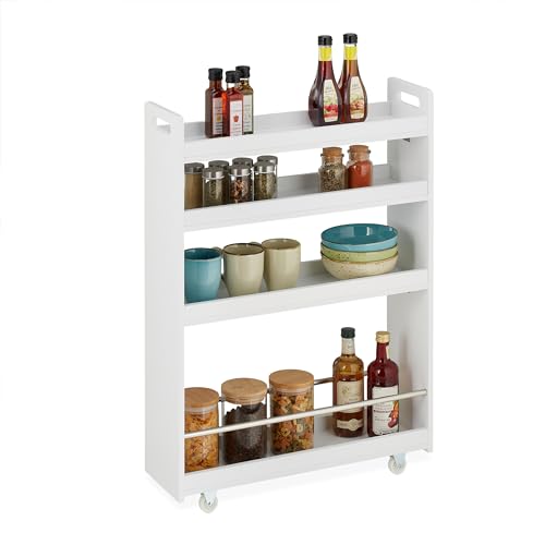 Relaxdays Niche Trolley, 4 Shelves, Narrow Storage Shelf, Kitchen & Bath, Mobile Cart, MDF, 83.5 x 18 x 59.5 cm, White
