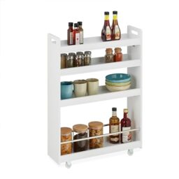 Relaxdays Niche Trolley, 4 Shelves, Narrow Storage Shelf, Kitchen & Bath, Mobile Cart, MDF, 83.5 x 18 x 59.5 cm, White