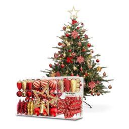 Wintem 106 Piece Christmas Tree Decoration Kit in Red and Gold with Baubles, Flowers and Shatterproof Stars for Matching Christmas Decorations, Easy to Hang and Reuse