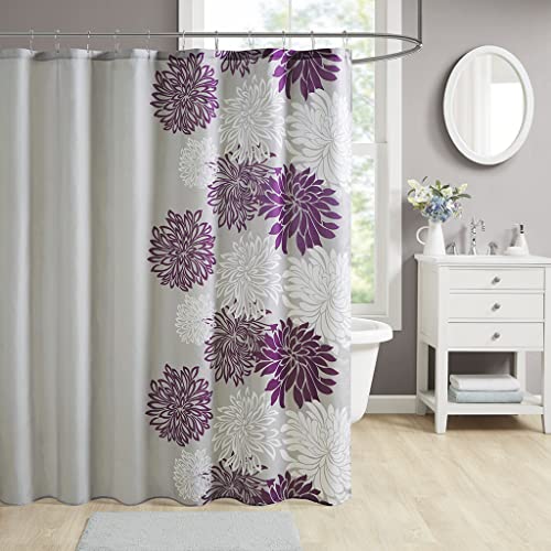 "Comfort Spaces Enya Bathroom Shower Curtain Floral Printed Cute Chic Microfiber Fabric Bath Curtains, 72""x72"", Purple/Grey"
