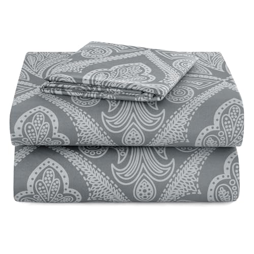Hannah Linen Paisley Twin XL Sheet Set, 3 PC Soft Microfiber Wrinkle Free Sheets - Luxurious Printed Bed Sheets Includes Flat Sheet, Fitted Sheet with Deep Pockets, & 2 Pillowcase - Grey