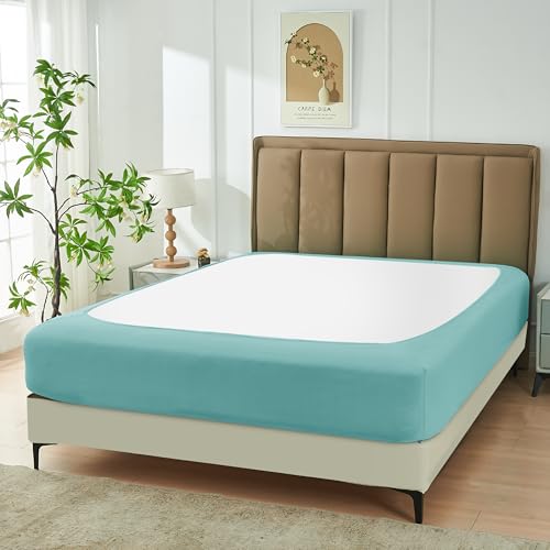 Biscaynebay Decorative Box Spring Cover Queen Size, Aqua Luxurious Jersey Knitting Stretchy Wrap Around 4 Sides Bed Skirt for Home/Hotels, Easy Fit Wrinkle & Fade Free Machine Washable