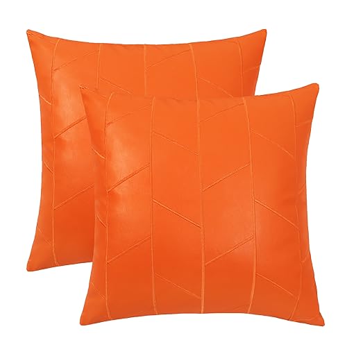 BRAWARM Faux Leather Pillow Covers 18 X 18 Inches, Orange Leather Pillow Covers Pack of 2, Geometric Embroidery Leather Decorative Throw Pillows for Living Room Couch Bed Sofa Home