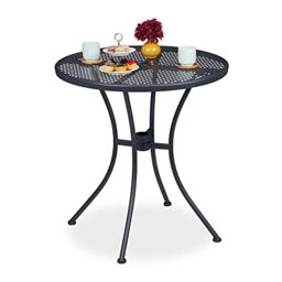 Relaxdays Round Garden Table, Parasol Hole, Lattice Design, Weatherproof, Steel, HxD: 72x70 cm, Balcony, Charcoal Colour
