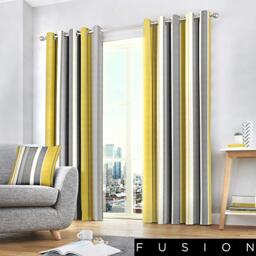 Fusion Strata Grey/Ochre Stripe Drapes W117 x L183cm – 2 Panels – 100% Cotton Eyelet – Yellow & Grey Curtains for Bedroom/Living Room – Door Panel – Matching Cushion Available