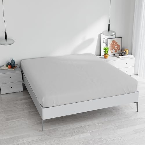 Fitted Sheet with Corners for Double Bed, Cotton, Made in Italy, Bed Linen 170 x 200 cm with Elasticated Corner 25 cm, Light Grey