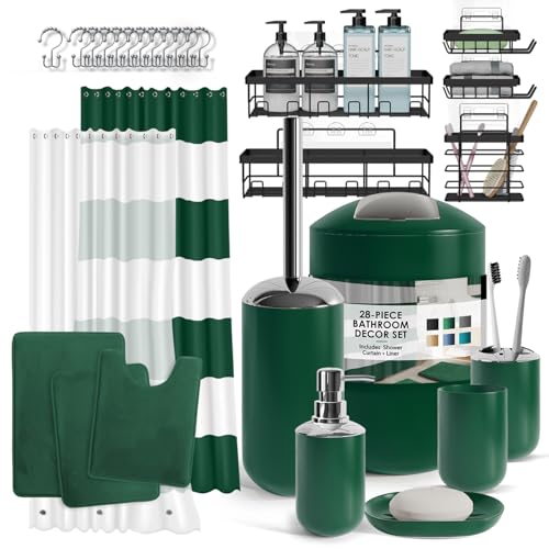 Clara Clark Bathroom Set - 28PC Bathroom Set with Adhesive Corner Shower Caddy Hanging, Bathroom Sets with Shower Curtain and Rugs, Green Shower Curtain Set with Bathroom Trash Can
