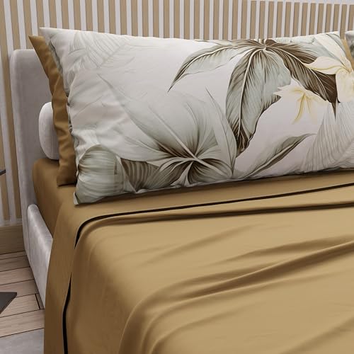 PETTI Artigiani Italiani - Double Bed Sheets Cotton with Pillowcases in Digital Print, Complete Sheet for Double Bed Maxi Floral Pattern 19 Taupe, 100% Made in Italy