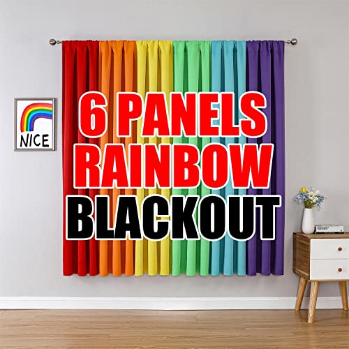 THOOO 6 Panel Blackout Rainbow Curtains for Bedroom & Living Room - 63 Inch Length, Room Darkening, Rod Pocket, Colorful Drapes in Red, Orange, Yellow, Green, Blue, Purple
