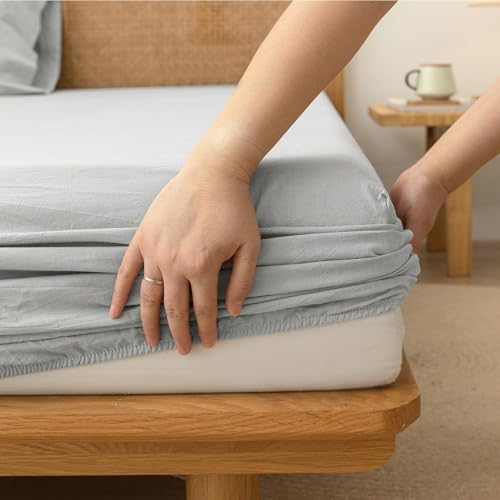 BESTOUCH Full Fitted Bottom Sheet???Breathable 100% Washed Cotton Linen-Like - 16-19 Inch Deep Pocket Fits Mattress - Fade Resistant Soft Comfy Durable Easy Care