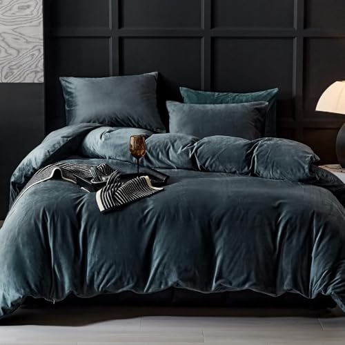 WARMDERN Dark Grey Flannel Velvet Duvet Cover King Size, 3-Piece - Ultra Soft Touch, Luxury Texture, Modern Crystal Velvet, Hidden Zipper, 4 Ties, Breathable Lightweight Washable Bedding Set