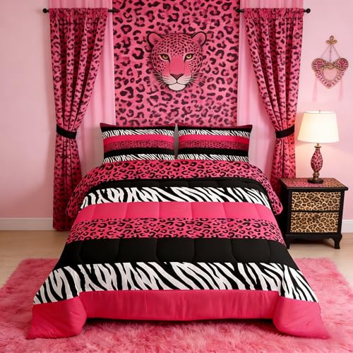 Leopard Print Kids Comforter Set Twin Size,Zebra Abstract Animals Skin Texture Bedding Set,Girls Boys Adults Room Decor,Geometric Stripes Down Comforter,Pink Romantic Duvet Insert,1 Pillowcase