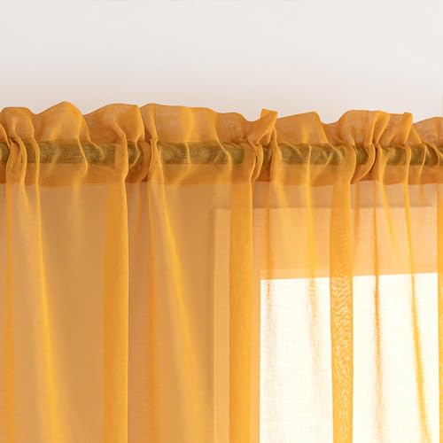 "MYSTIC-HOME Sheer Curtains Yellow 84 Inches Long, Window Treatments Rod Pocket Drapes for Living Room, Bedroom, Semi Crinkle Voile Extra Wide Curtains for Yard, Villa, Parlor, 108""x 84"", 2Pc"