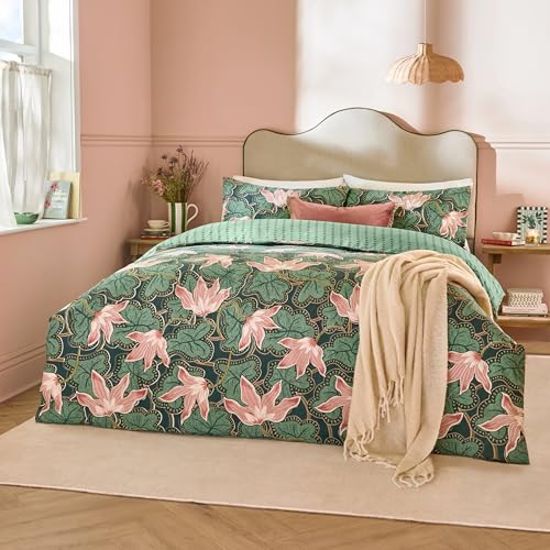 furn. Wylder Luella Duvet Cover Set – Reversible Floral and Stripe Cotton Blend Bedding with Oxford Trim (Juniper Green - Double)