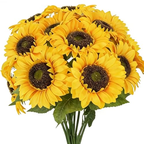 "HUAESIN 26"" Fake Sunflowers Long Stem Artificial Flowers with Large Sunflower Heads 12 Pcs Realistic Yellow Flowers Spring Silk Flowers for Home Decor Indoor Tall Vase Farmhouse Garden Entryway"
