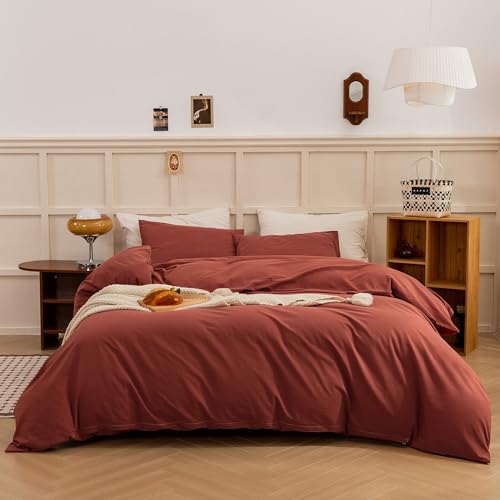 ECOCOTT Duvet Cover King Size Linen Feel Organic Natural 100% Washed Cotton Soft Breathable 3 Piece Bedding Set with Zipper Closure Burnt Brick Red
