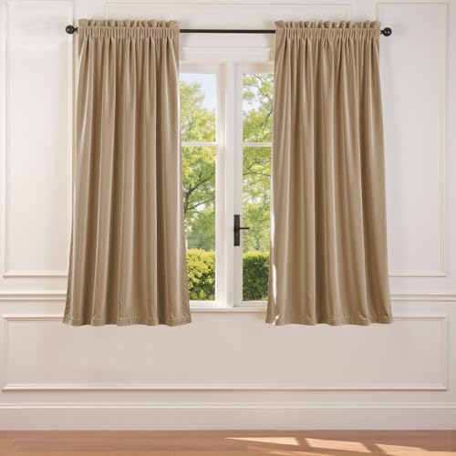 Lazzzy Velvet Curtain Beige Thermal Insulated Curtains 63 Inch Long Drapes for Bedroom Living Room Light Filtering Window Treatments Rod Pocket, Set of 2, Latte