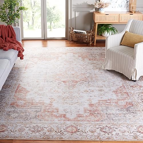 Safavieh Traditional Rug Ideal for High Traffic Areas - Machine Washable and Non Slip - Tucson Collection, Short Pile, in Light Grey and Rust, 76 x 305 cm