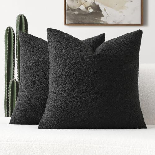 FUTEI Pack of 2 Black Boucle Accent Decorative Throw Pillow Covers,18x18 Inch Soft Solid Textured Cushion Case,Home Decor for Couch Bed Living Room