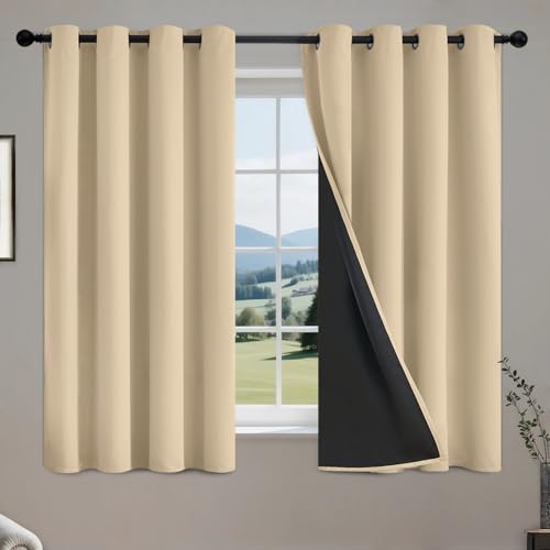 COSVIYA 100% Beige Blackout Curtains for Kids Room 54 Inches Length - Room Darkening Light Blocking Drapes for Bedroom, Grommet Thermal Insulated Window Panels with Black Liner, W52xL54,2 Panels
