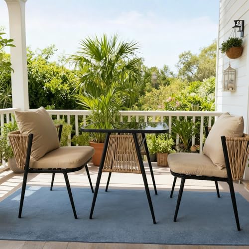 Home Source Valena Bistro Set 3 Piece – Natural Rattan & Black Metal, Glass Top - 70W x 59D x 74H cm Table - 2 Seater Garden Furniture