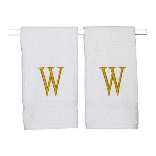 White with Gold Monogrammed Hand Towels for Bathroom - Set of 2 Letter W - Luxury Hotel Quality Initial Towels For Powder Room, Spa, GOTS Organic Certified