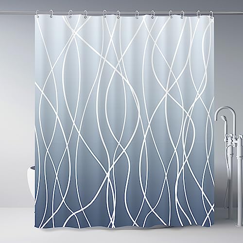 "Punkray Striped Shower Curtain with Hooks, Weighted Hem Shower Curtains Water Repellent Machine Washable, Ombre Blue Grey, 72"" W x 72"" L"