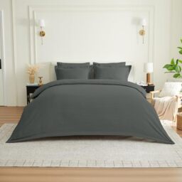GC GAVENO CAVAILIA Satin Striped Duvet Cover Double - 3Piece Soft Double Duvet Cover Set Pillow Cases With Button Closure - Luxury Bedding & Linen Hypoallergenic, Reversible Quilt Cover Sets, Charcoal