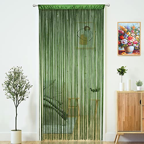 "YaoYue Beaded Curtain Door String Curtains for Doorways Tassels Beads Hanging Fringe Hippie Window Hallway Entrance Wall Closet Bedroom Privacy Decor (Green, 39"" W x 110"" L (Pack of 1))"