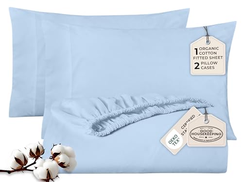 "Royale Linens Fitted Sheet With Pillowcases - King Fitted Sheets With 2 Pillowcases - 300 Thread Count 100% Organic Cotton - Fit Mattress Up to 18"" Deep - Soft & Breathable - Lake Blue (No Flat Sheet)"