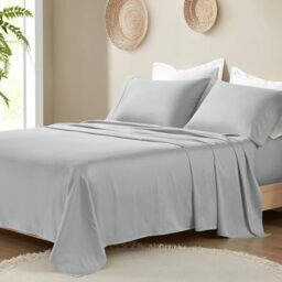 "Madison Park Organic Cotton Sheet Soft & Breathable 300TC Cotton Sheets, Elastic Deep Pocket Sheet Set Fits Up to 18"" Mattress, All Seasons, Lightweight, 100% Cotton Bed Sheets, Queen Grey 4 Piece"