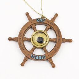 The Titanic Store Titanic Ship Wheel Ornament, Round, Brass, Gold, Hanging, Christmas