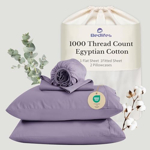 "Bedlifes Egyptian Cotton Sheets 1000 Thread Count Queen Size, 4-Piece 16"" Deep Pocket - Cooling & Breathable Ultra Soft Bedding for Hotel Comfort (Lilac)"