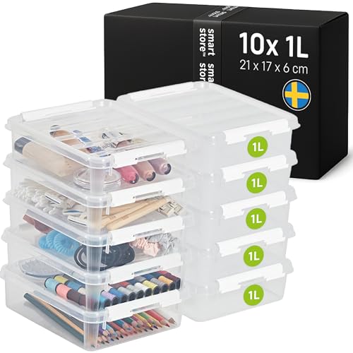 SmartStore Storage Boxes with Lids - 10x small 1L box - 21x17x6cm - Stackable plastic storage box with lid for Lego, craft & office - clear food-safe plastic boxes - containers with lids