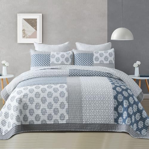Finlonte King Size Cotton Quilt Set, Real-Patchwork Floral Bedspread for King Bed, Blue Grey White Lightweight Reversible Bed Quilt for All Season, Bedding Set 3 Pieces