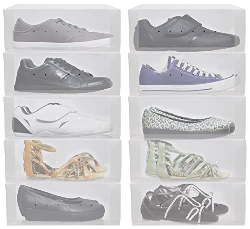 Greenco Clear Foldable Shoe Storage Boxes, 10 Pack. Stackable Heavy Duty Plastic Boot Storage Boxes, Boot & Shoe Box Organizers