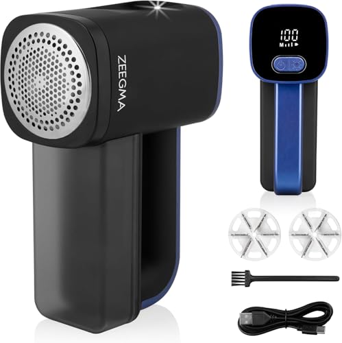 ZEEGMA LINTEE Black Fabric Shaver ??? 5W Lint Remover with LED Light, LCD Display, 3 Speeds, USB-C Rechargeable, 2 Blade Sets, Velvet Travel Bag ??? Removes Lint, Bobbles, Pet Hair from Clothes, Upholster