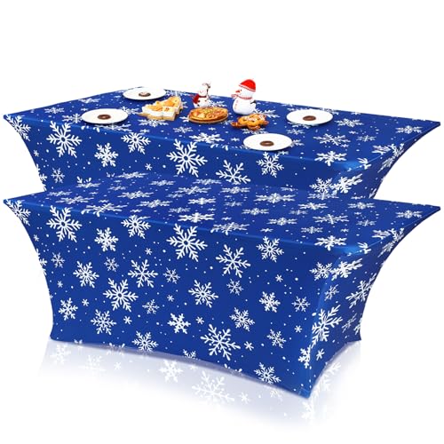 Oudain 2 Pcs Christmas Snowflake Stretch Table Cover 6 Feet Snowflake Xmas Spandex Table Clothes Christmas Trees Party Decorations for Holiday Party Celebration Picnic Dinner Decor