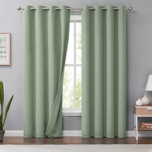 Melodieux Curtains 100% Opaque Linen Look 140 x 245 cm, Green, Set of 2
