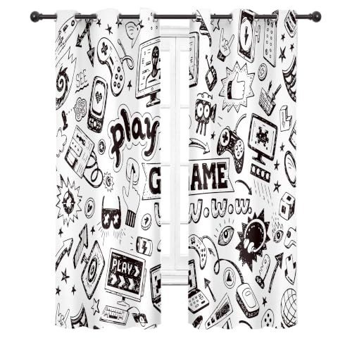 Cinbloo Kids Video Games Blackout Curtains 29W x 63L Inch Black White Gaming Curtains Teen Boys Bedroom Decor Gamer Theme 90's Cool Art Printed Living Room Playroom Window Drapes 2 Panels